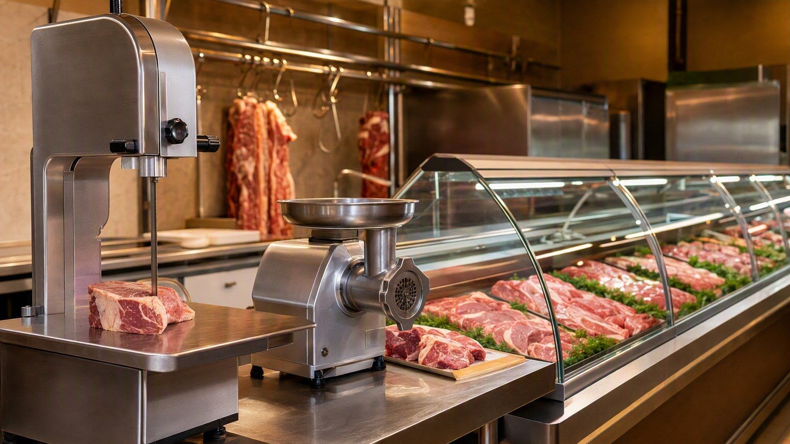 Serra fita, moedor de carne, balcão refrigerado e gancheira montando um açougue completo